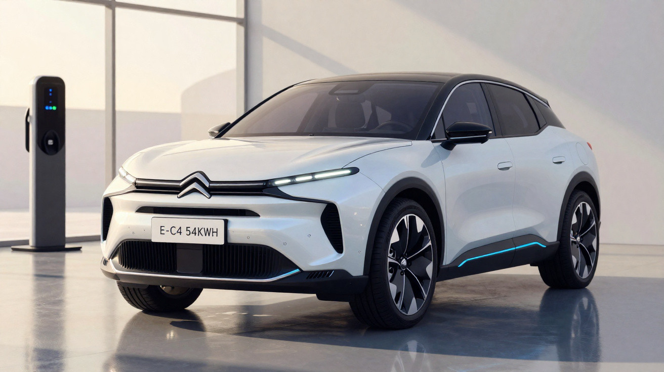 Carro elétrico Citroën E-C4 branco estacionado junto a posto de carregamento num espaço moderno e iluminado.