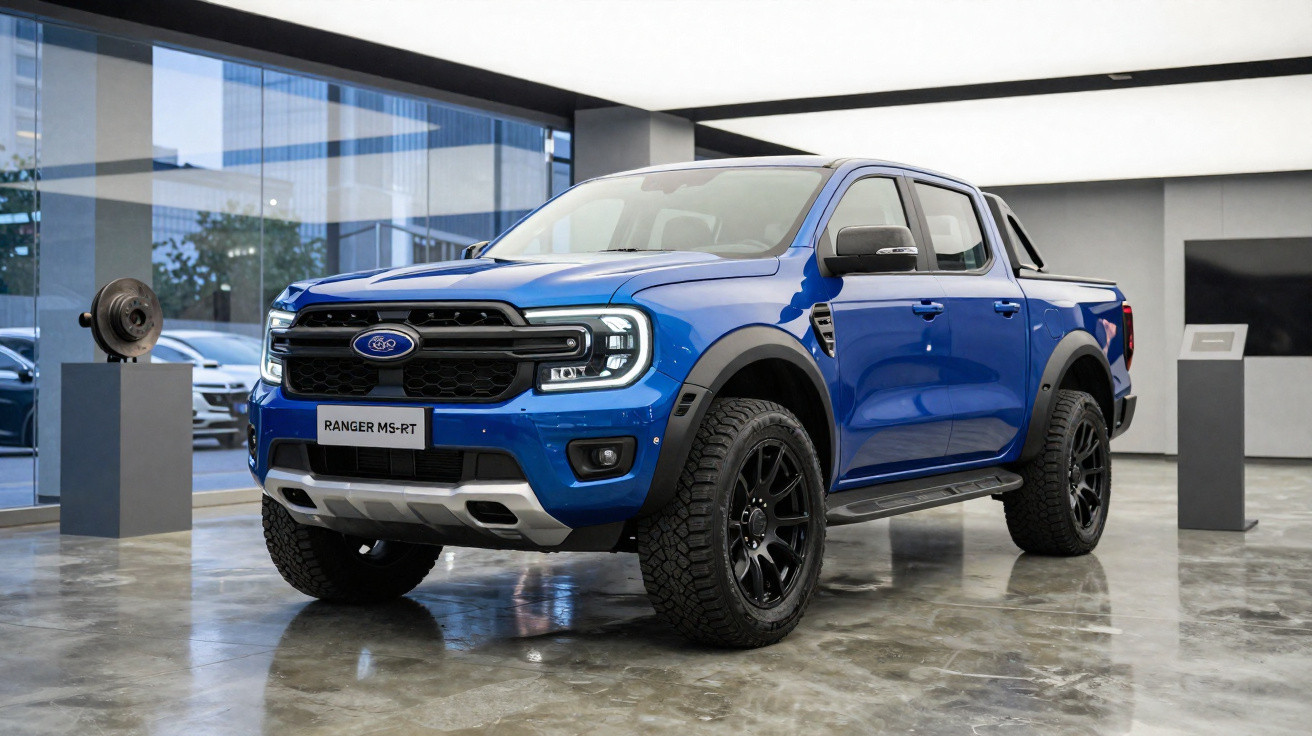 Pick-up Ford Ranger MS-RT azul exposada num showroom moderno com chão relvado.