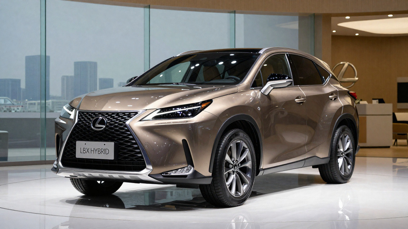 Carro Lexus LBX Hybrid bege exibido em showroom moderno com janelas amplas e iluminação interior.