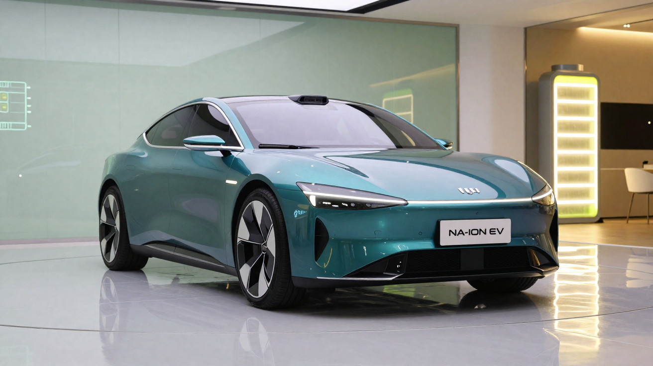 Carro elétrico azul metálico NA-ION EV estacionado em espaço interior moderno e iluminado.