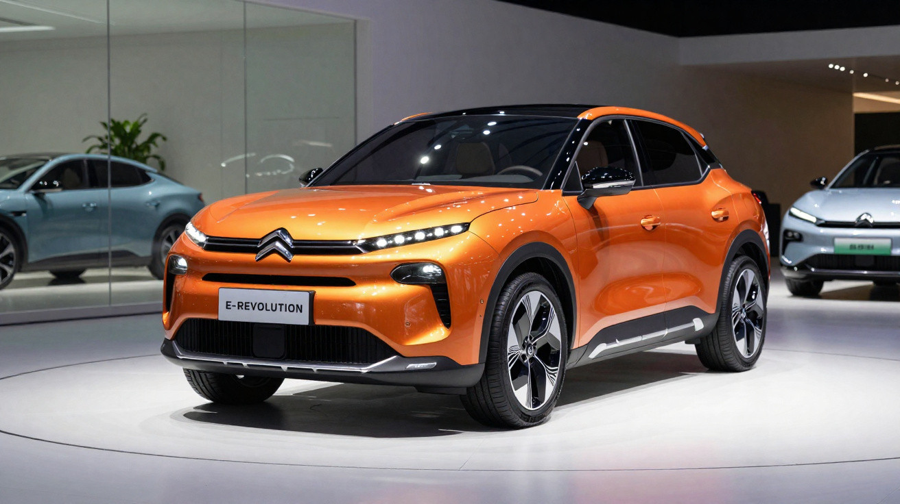 Automóvel Citroën elétrico de cor laranja exibido em plataforma branca numa sala de exposição moderna.