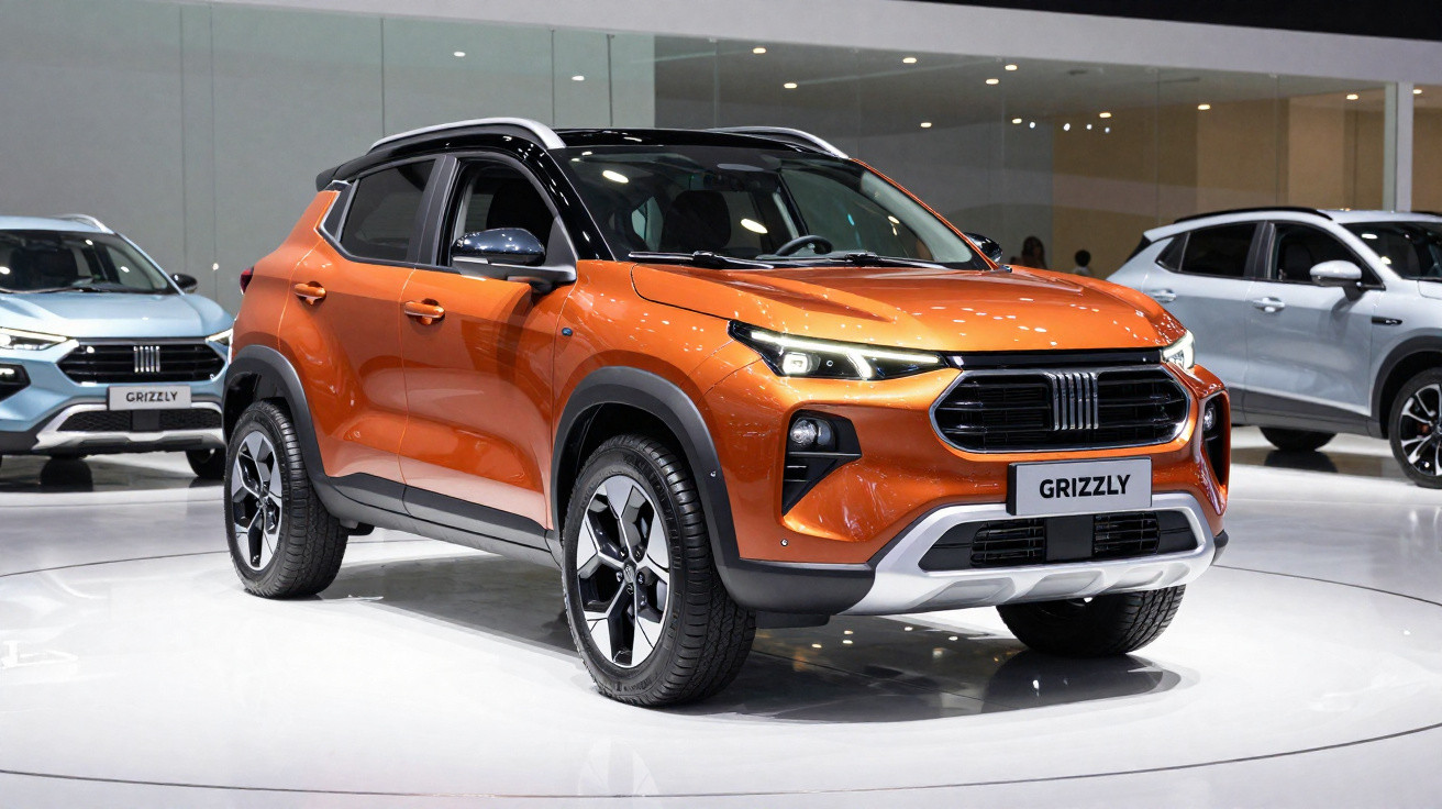 SUV laranja brilhante modelo Grizzly exposto em salão automóvel com outros carros ao fundo.