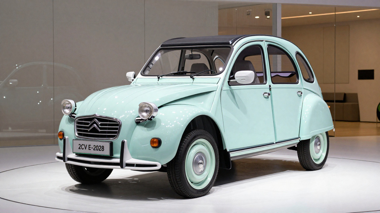 Automóvel Citroën 2CV elétrico azul-claro em exposição numa sala moderna.
