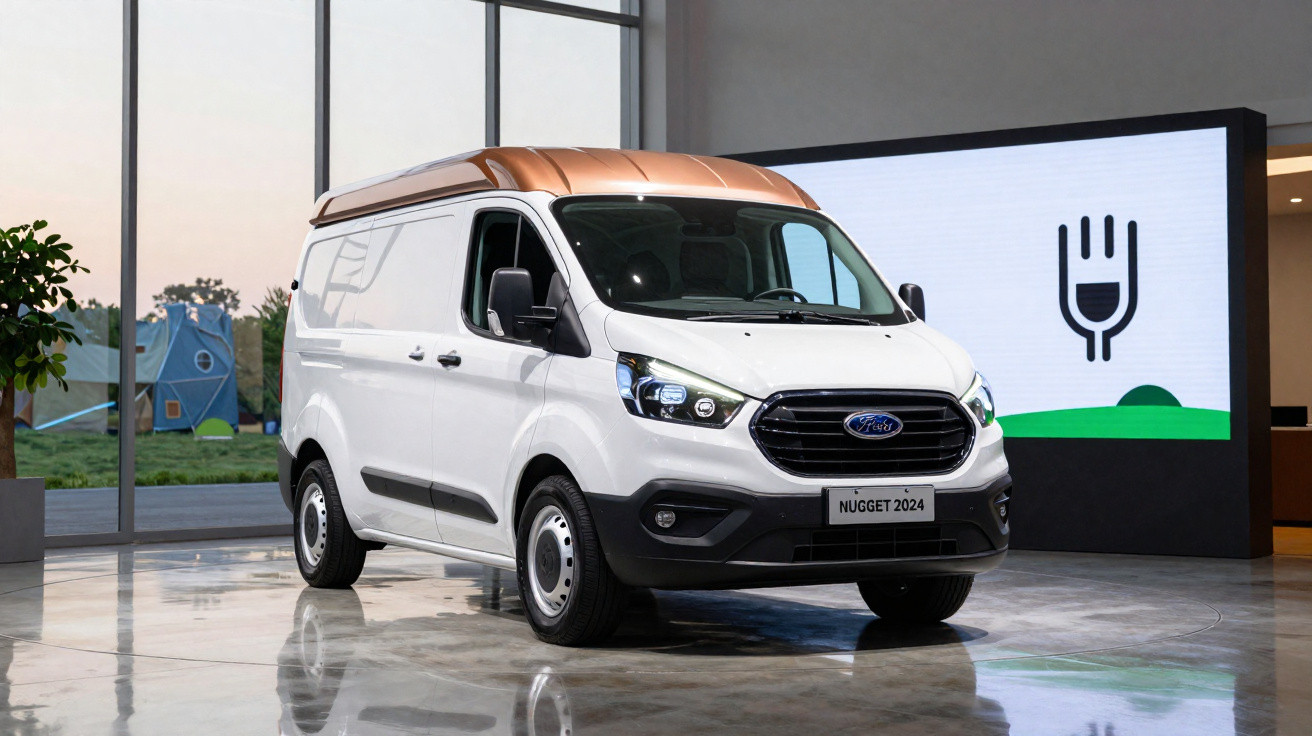 Ford Nugget 2024 branco com teto castanho, estacionamento interior com grande janela e ecrã digital atrás.