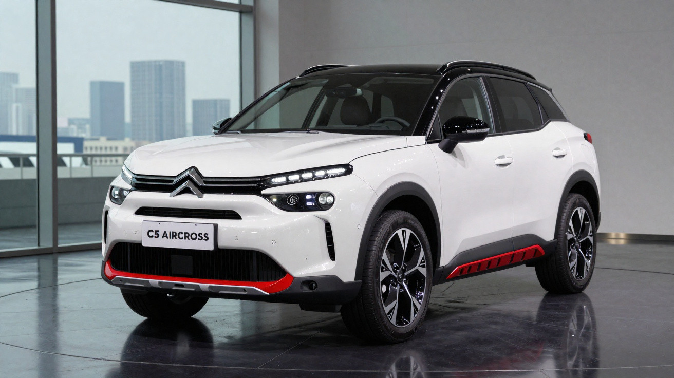 SUV Citroën C5 Aircross branco com detalhes vermelhos em exposição interior moderna.