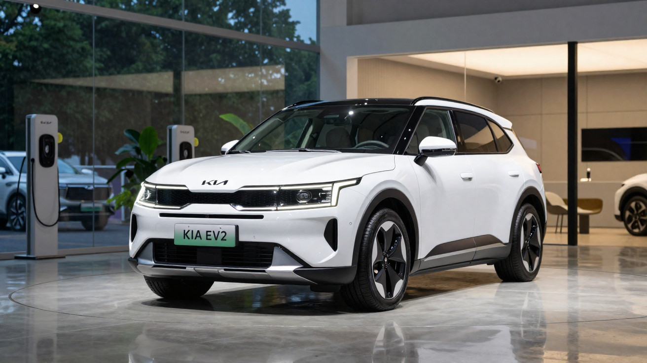 Carro elétrico branco Kia EV2 estacionado em showroom moderno com estações de carregamento ao fundo.