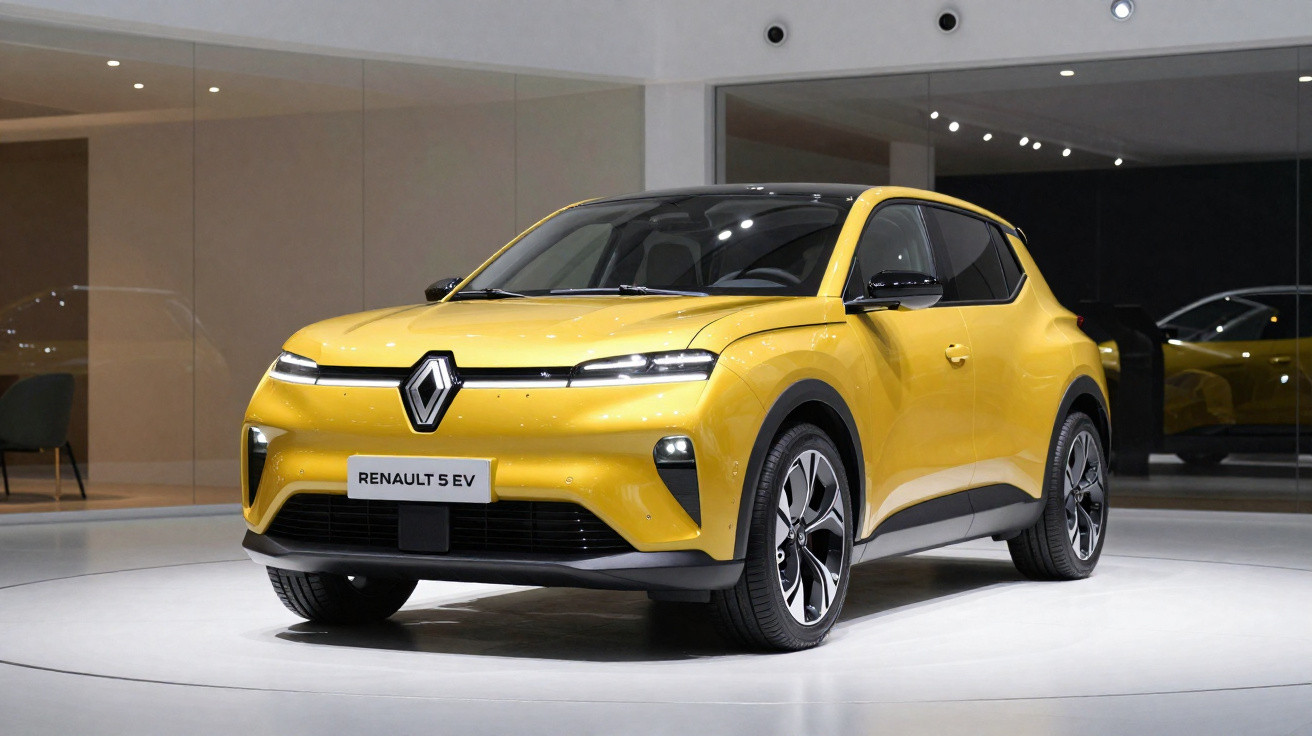 Renault 5 EV amarelo em exposição com design moderno e linhas aerodinâmicas.
