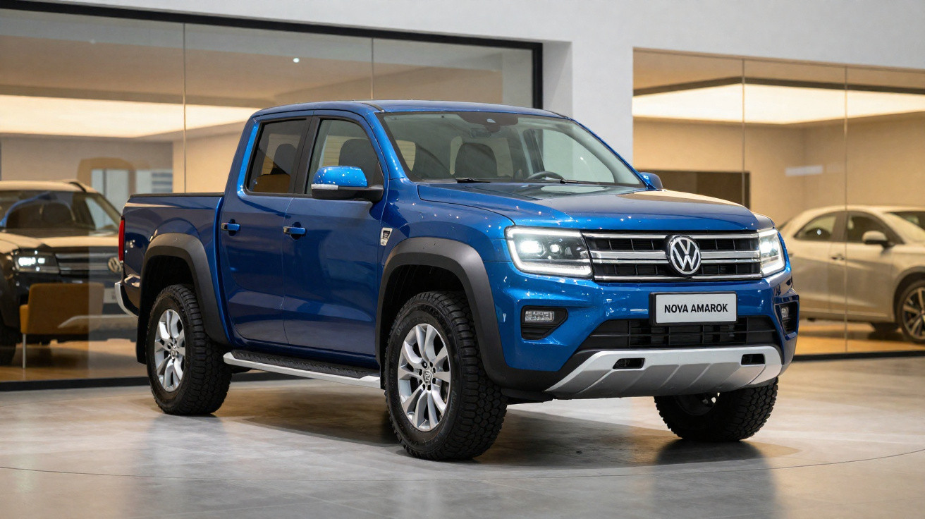 Picape Volkswagen Amarok azul estacionada em showroom com iluminação moderna e paredes de vidro.