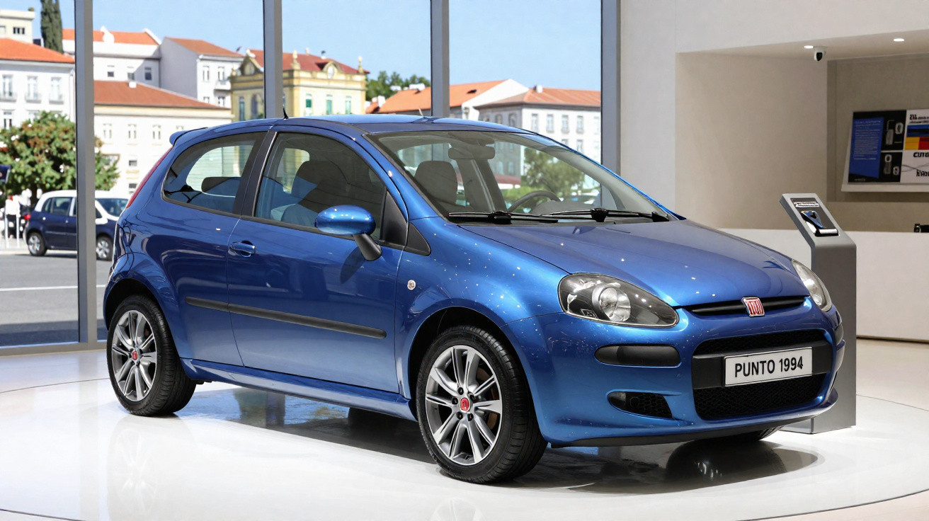 Automóvel Fiat Punto azul de 1994 em exposição num salão com janelas grandes e vista urbana.