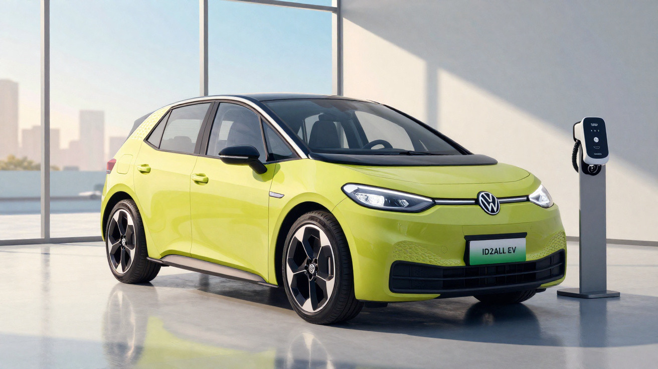 Carro elétrico Volkswagen ID.2 All EV verde claro estacionado junto a posto de carregamento interior.