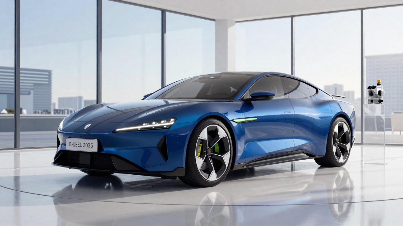 Carro elétrico desportivo azul com design futurista em sala moderna com janelas amplas.