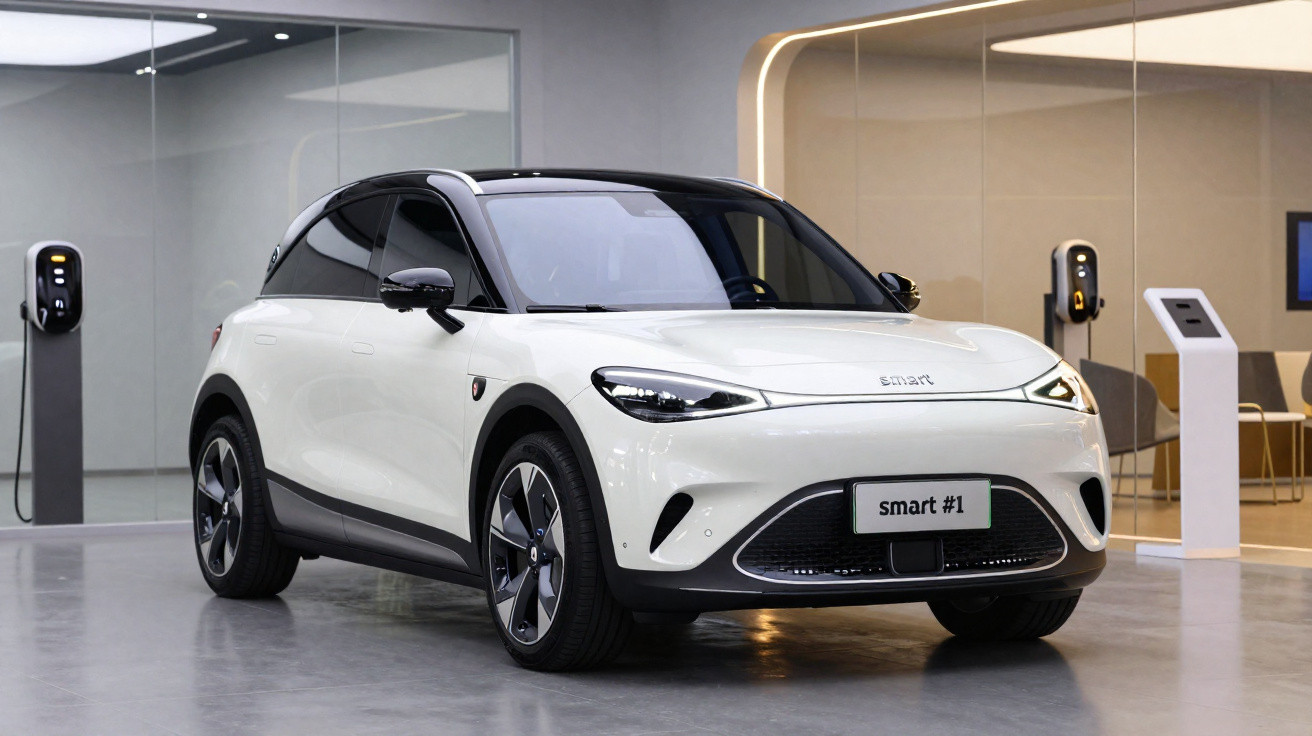 Carro elétrico Smart #1 branco estacionado em showroom moderno com pontos de carregamento elétrico.