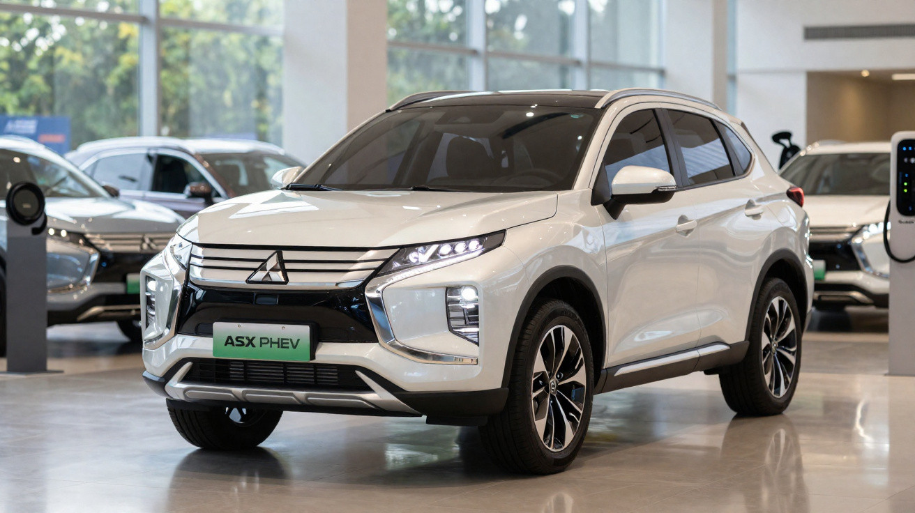 SUV Mitsubishi ASX PHEV branco estacionado no interior de um salão automóvel moderno.