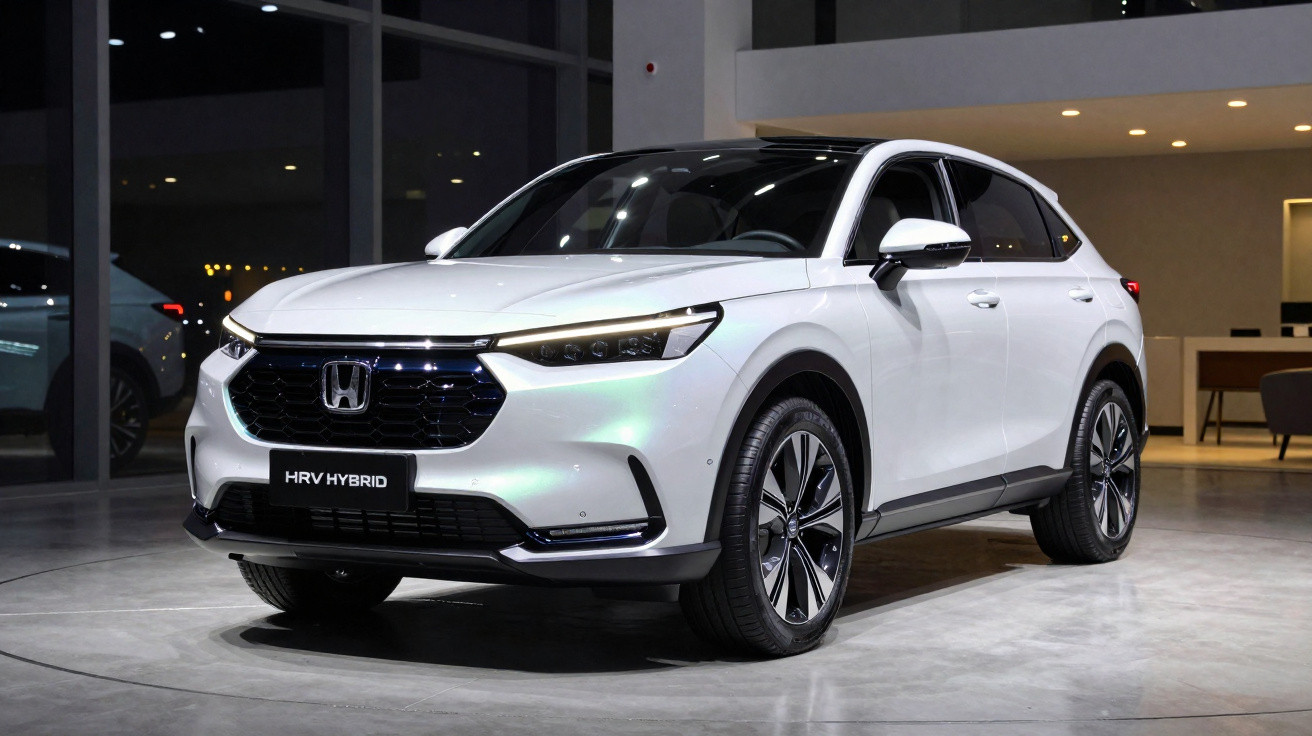 Carro Honda HR-V Hybrid branco estacionado em alinhamento num espaço interior com chão cinzento.