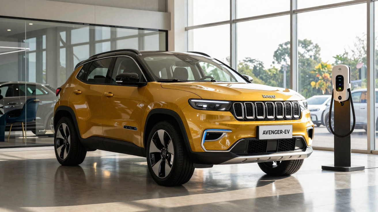 Carro SUV eléctrico Jeep Avenger EV amarelo numa sala de exposição junto a um carregador.