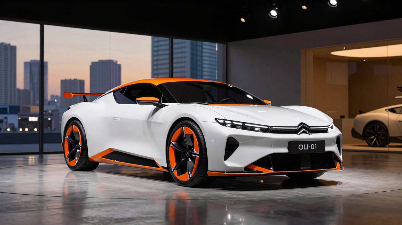 Carro desportivo Citroën OLI-01 branco com detalhes laranja em showroom moderno com janelas grandes.
