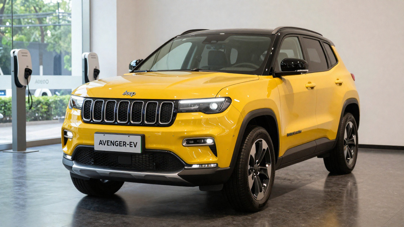 Jeep Avenger-EV amarelo estacionado em interior, com carregadores elétricos ao fundo.