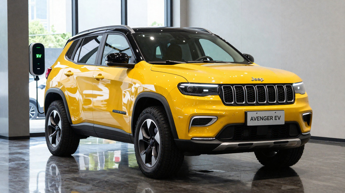 Carro elétrico Jeep Avenger EV amarelo a carregar numa estação de carregamento interior.