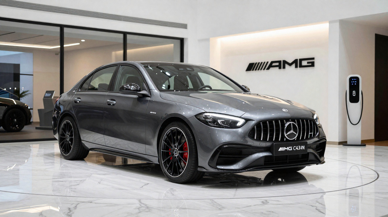 Carro desportivo Mercedes-Benz AMG C43 cinzento exibido numa exposição com chão em mármore e parede iluminada.