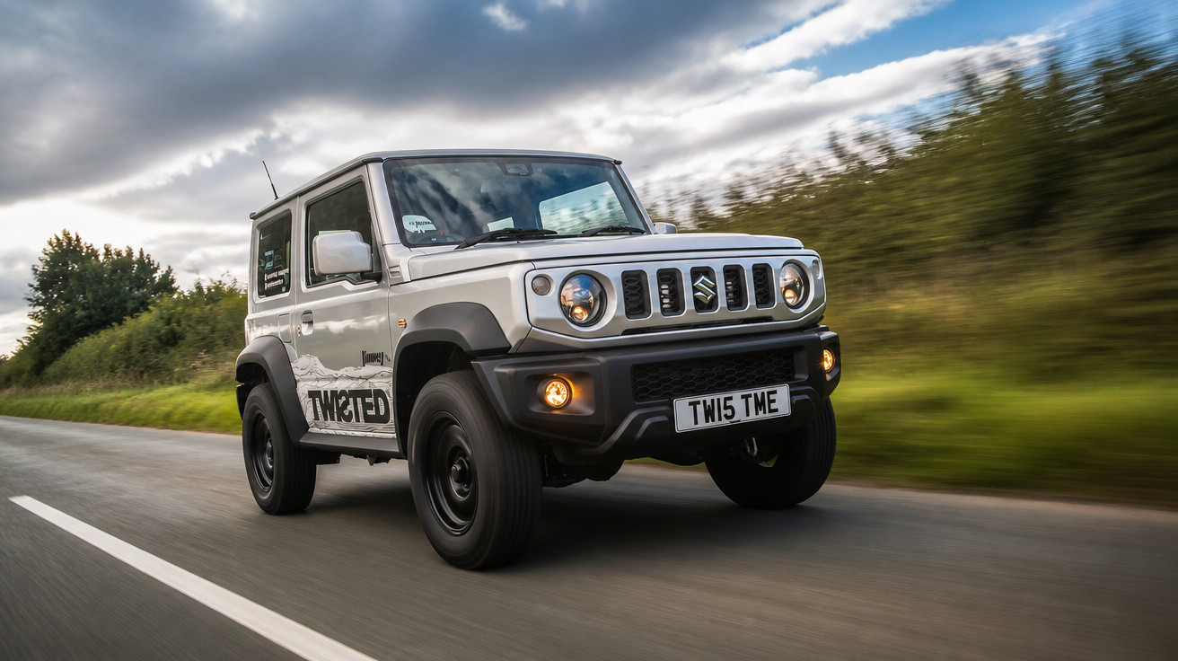 Carro Suzuki Jimny branco a circular numa estrada rodeada de vegetação sob céu nublado.