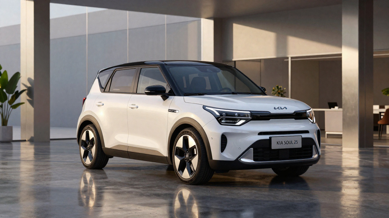 Carro elétrico Kia Soul 2025 branco com teto preto estacionado em ambiente moderno e iluminado.