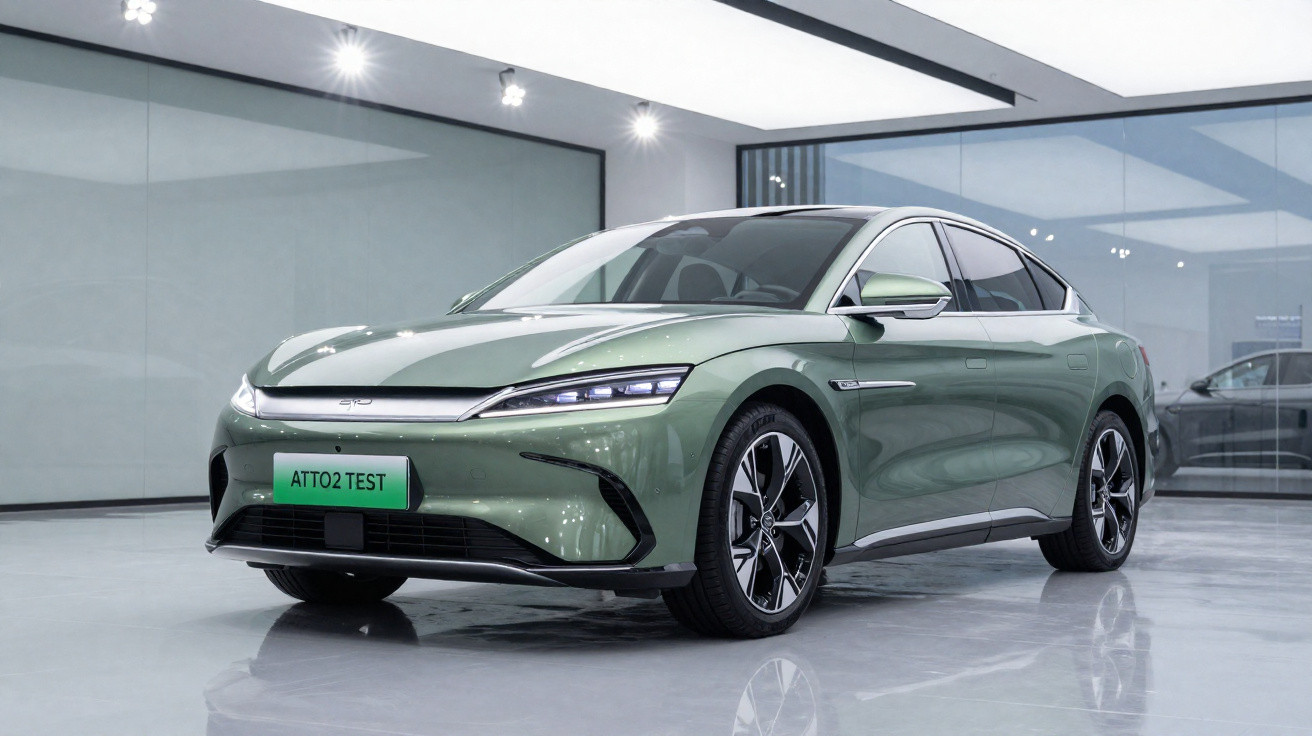Carro elétrico verde metálico ATTO 2 num showroom moderno com chão brilhante e paredes de vidro.