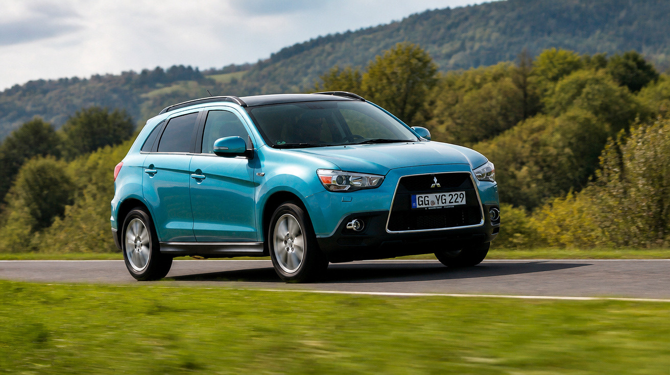Carro SUV azul Mitsubishi em estrada asfaltada com paisagem de montanhas e árvores ao fundo.