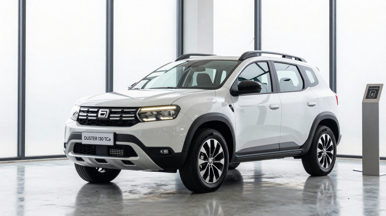 Carro SUV branco Dacia Duster 130 TCe estacionado em espaço interior com chão cinzento brilhante.