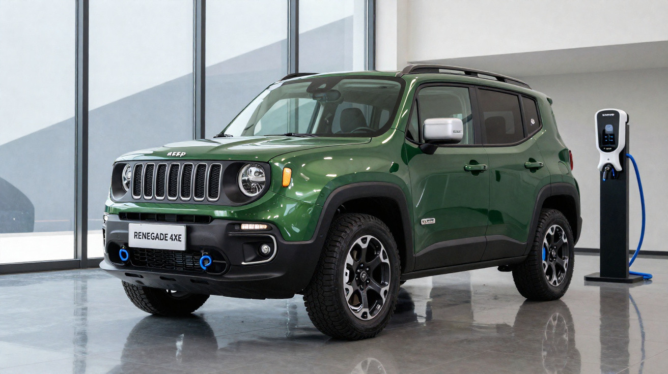 Jeep Renegade 4xe verde carregando num posto de carregamento elétrico interior.