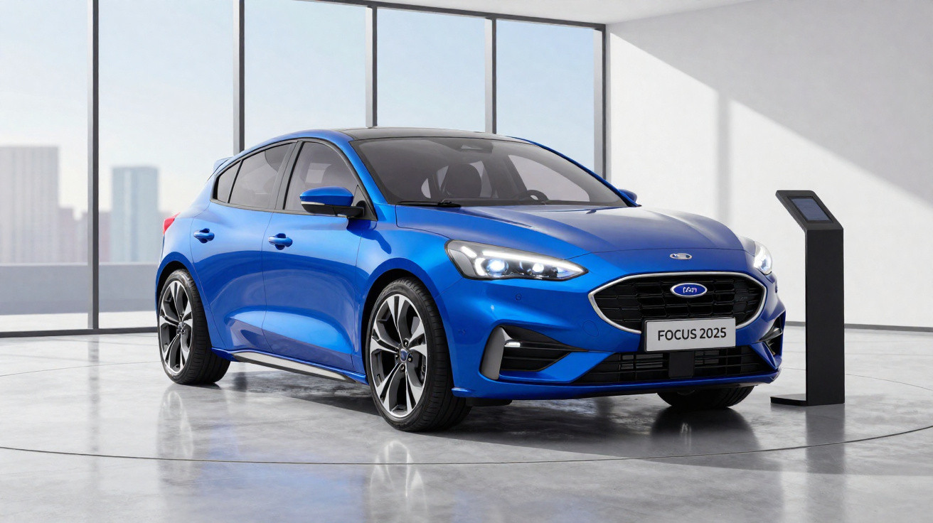 Carro desportivo azul Ford Focus 2025 estacionado em espaço interior luminoso e moderno.