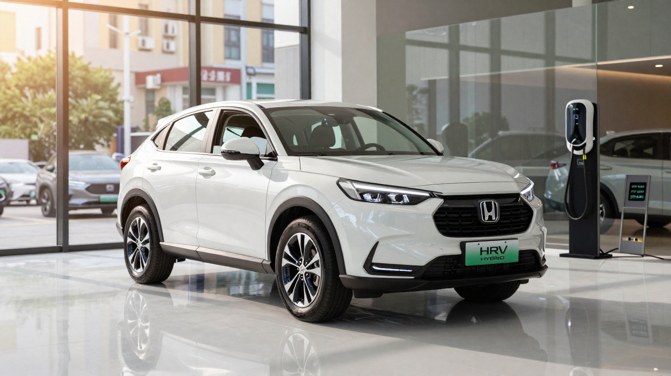Carro branco Honda HR-V Hybrid estacionado numa sala moderna com carregador elétrico ao lado.