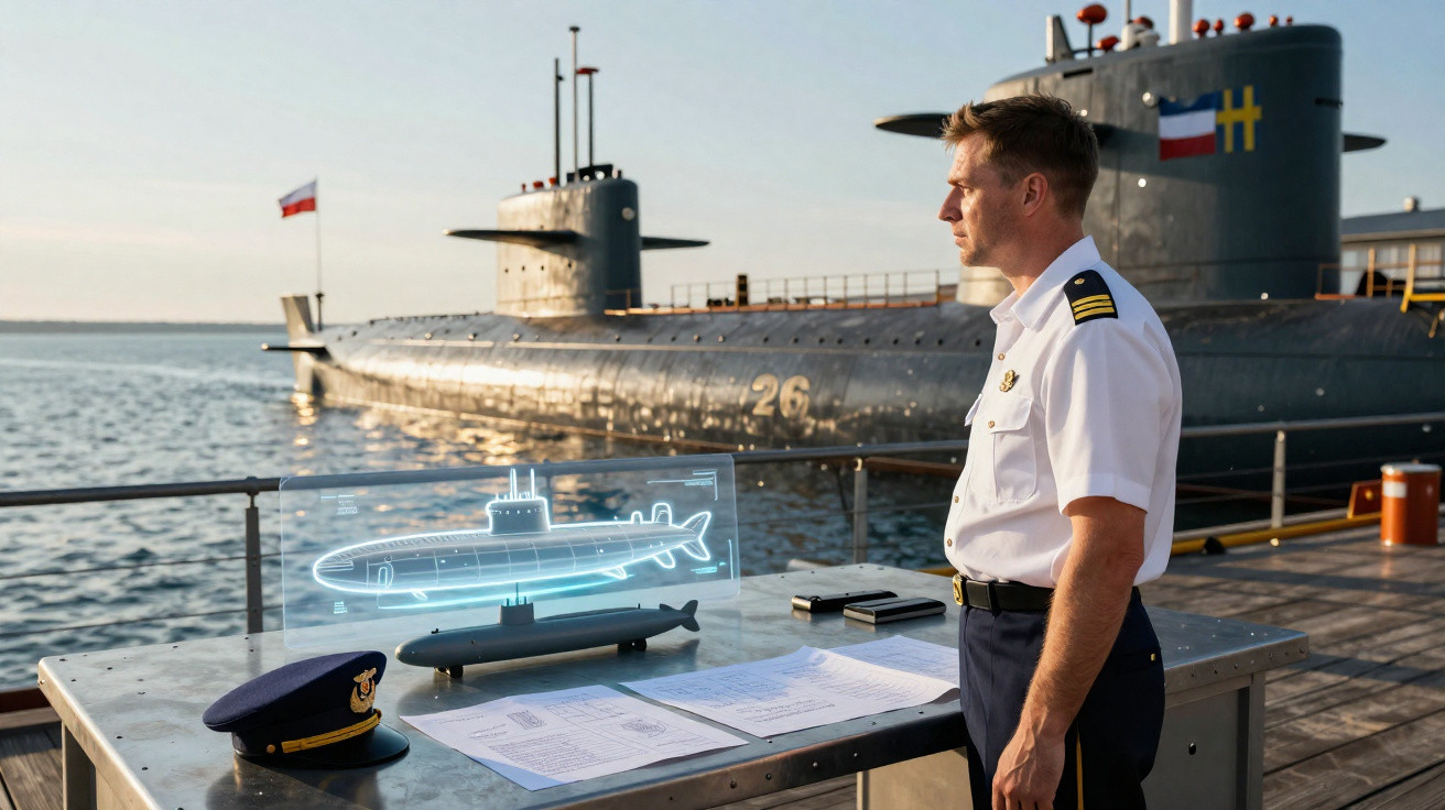 Militar em uniforme branco observa modelo e esquema holográfico de submarino junto ao mar e um submarino real.