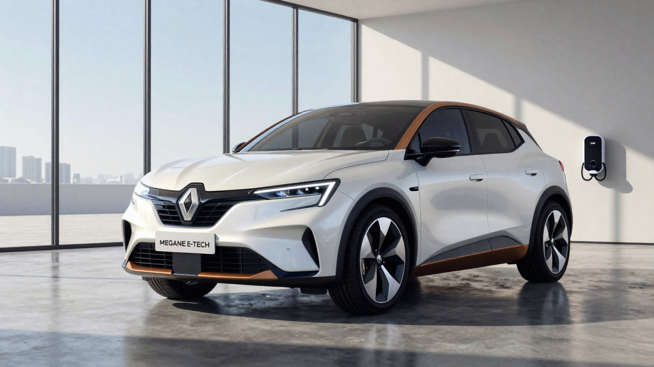 Carro elétrico Renault Megane E-Tech estacionado em garagem moderna com carregador na parede.