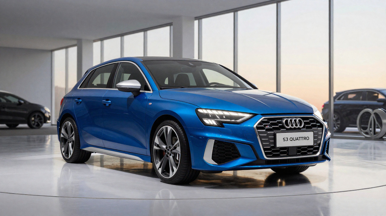 Carro Audi S3 Quattro azul estacionado em showroom moderno com grandes janelas.