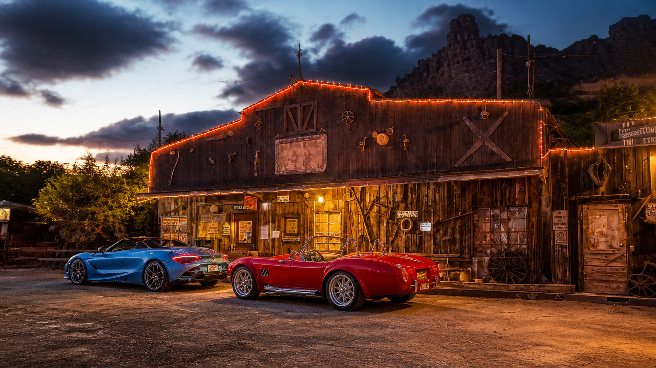 Dois carros desportivos aparcados em frente a edifício rústico iluminado ao anoitecer, com céu nublado.