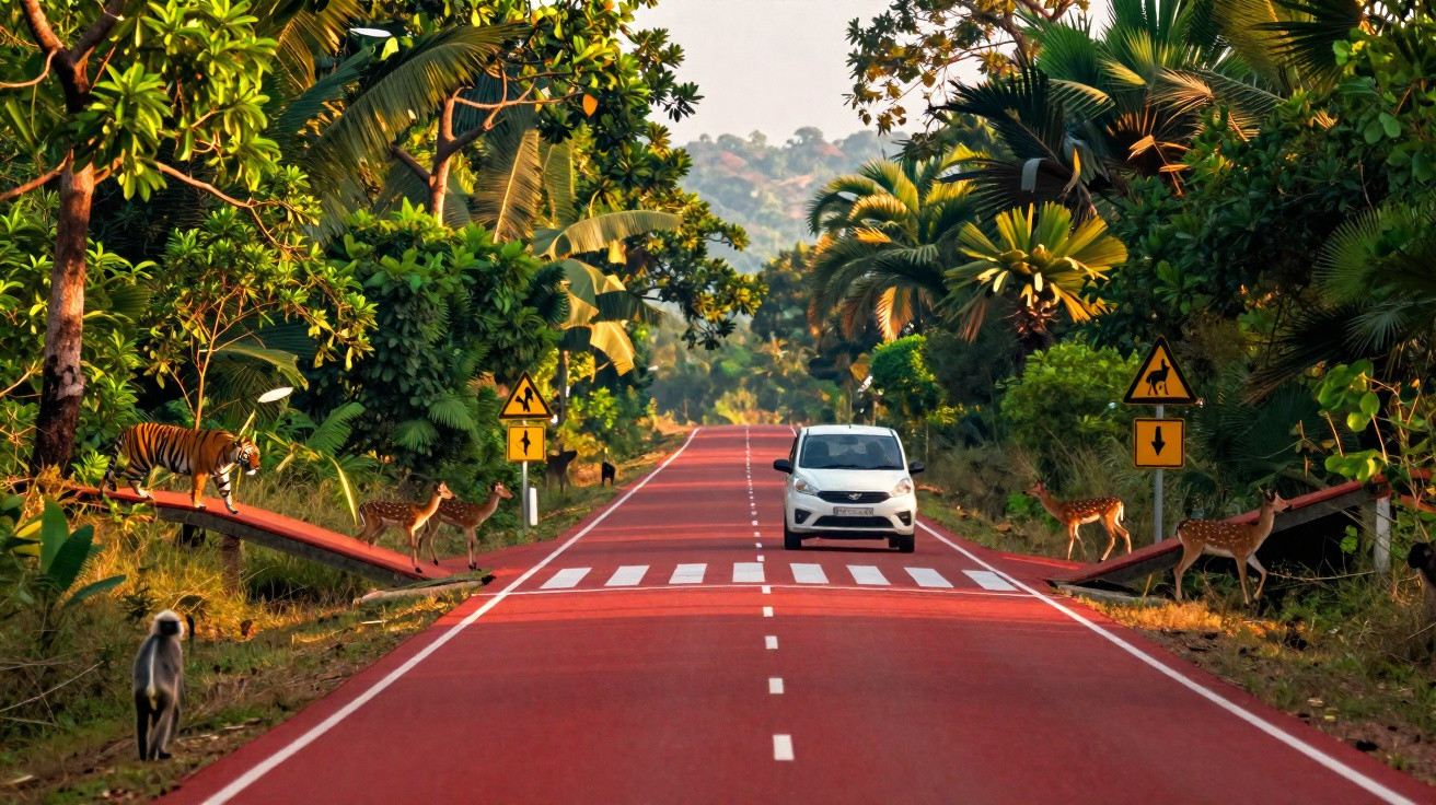 Carro numa estrada vermelha rodeada de vegetação com animais como tigres e cervos a atravessar pontes sobre a faixa.