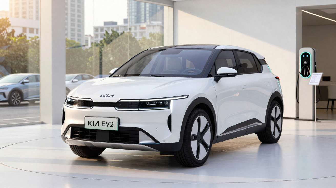 Carro elétrico branco Kia EV2 estacionado em espaço interno moderno com estação de carregamento.