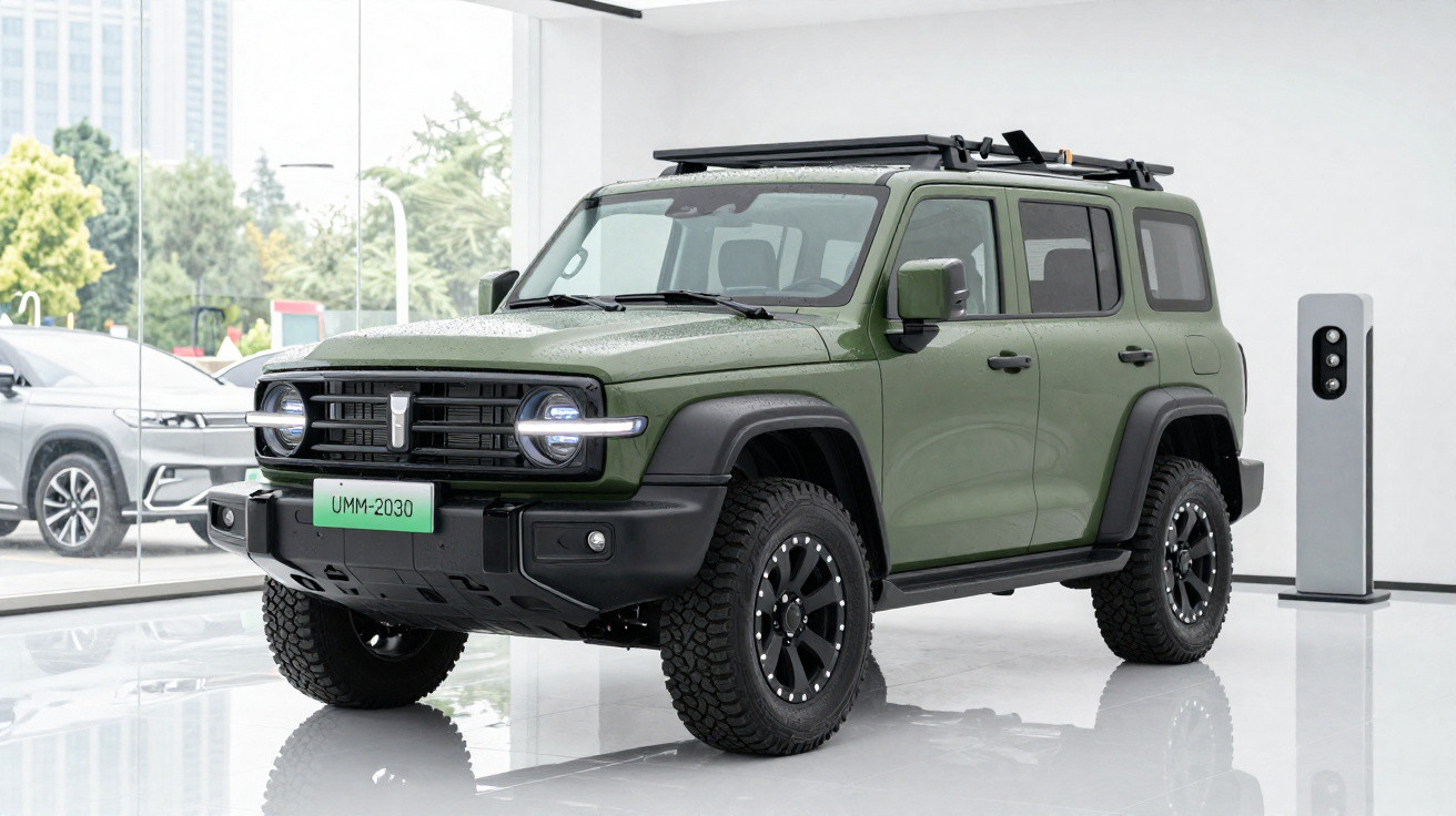 Carro SUV elétrico verde com faróis redondos, teto com barras e pneus todo-o-terreno numa loja moderna.