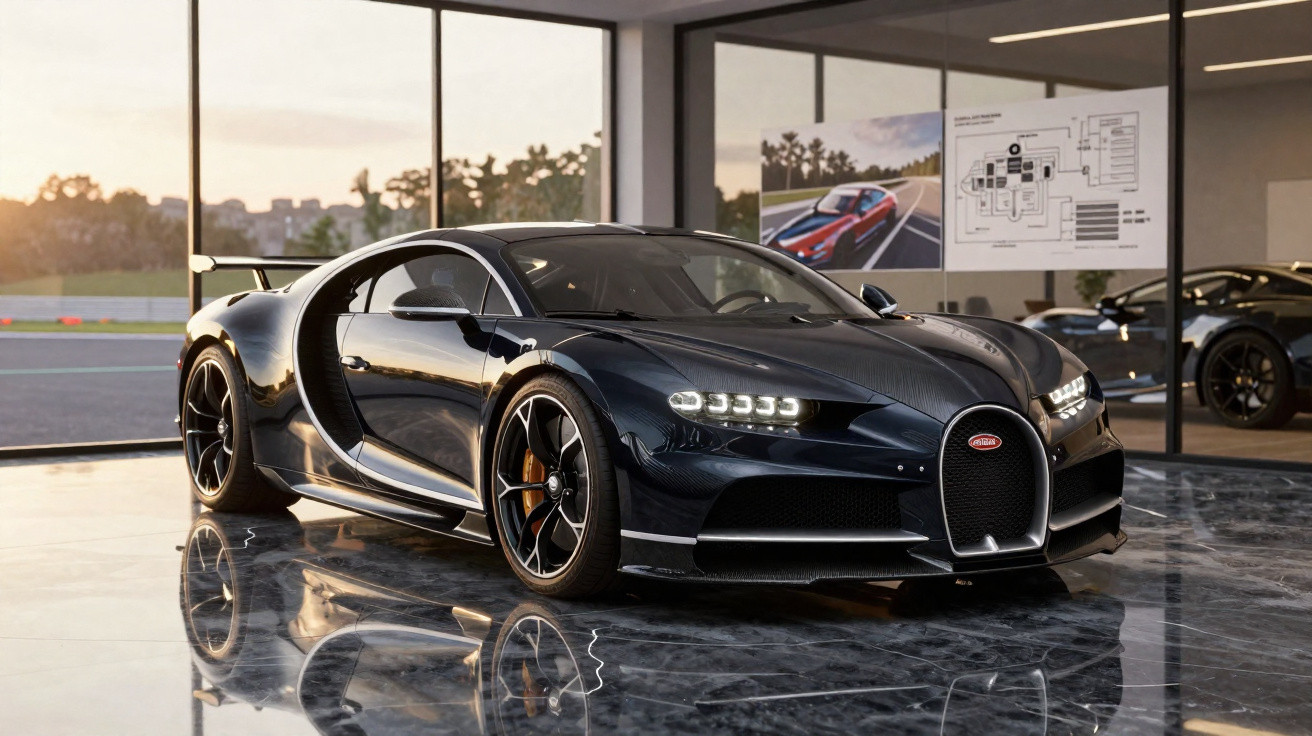 Automóvel desportivo Bugatti Chiron preto estacionado em showroom com chão espelhado e janelas panorâmicas.