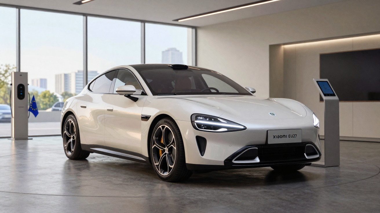 Carro elétrico desportivo branco num salão moderno com estação de carregamento e monitor digital.