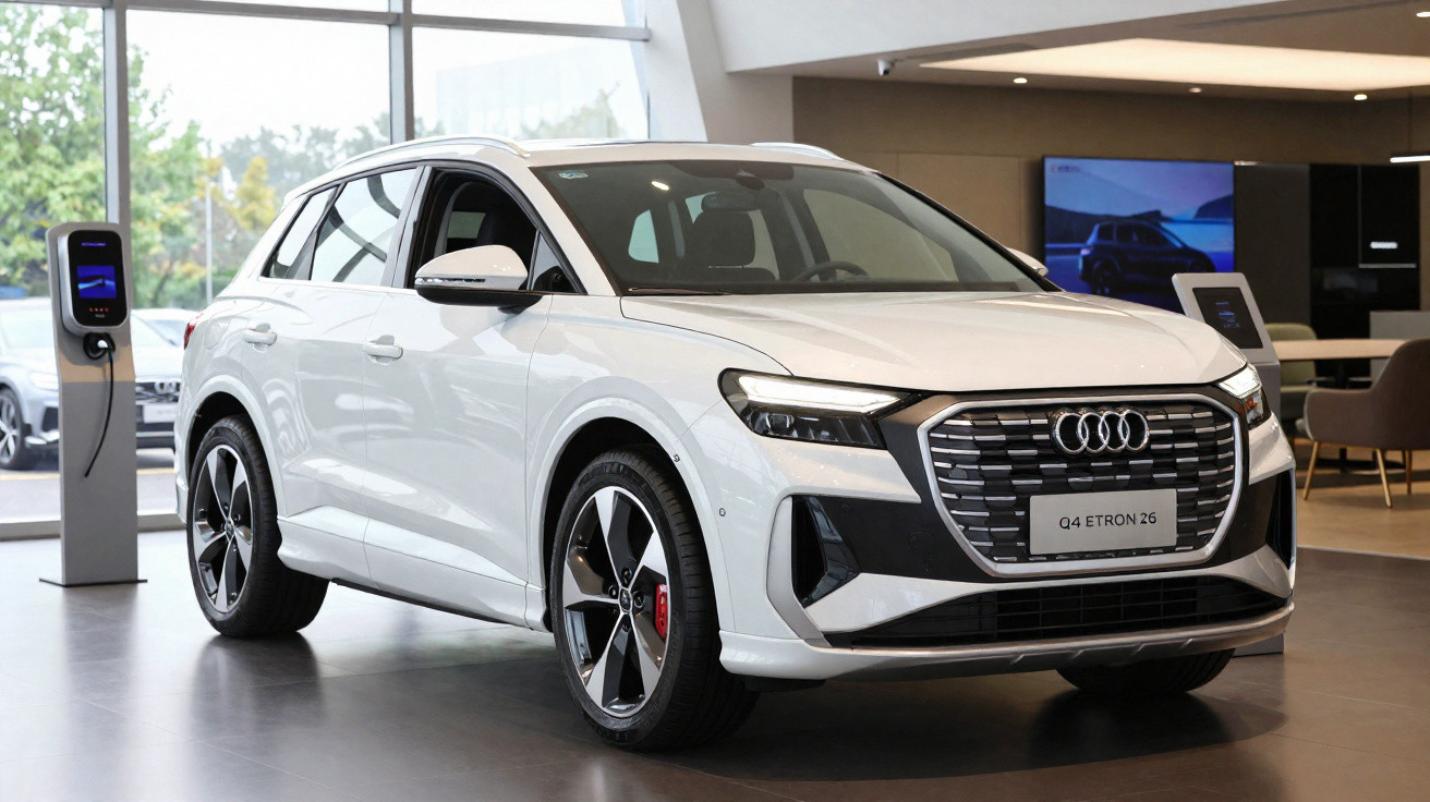 Audi Q4 E-Tron branco elétrico estacionado em showroom moderno com carregador ao fundo.