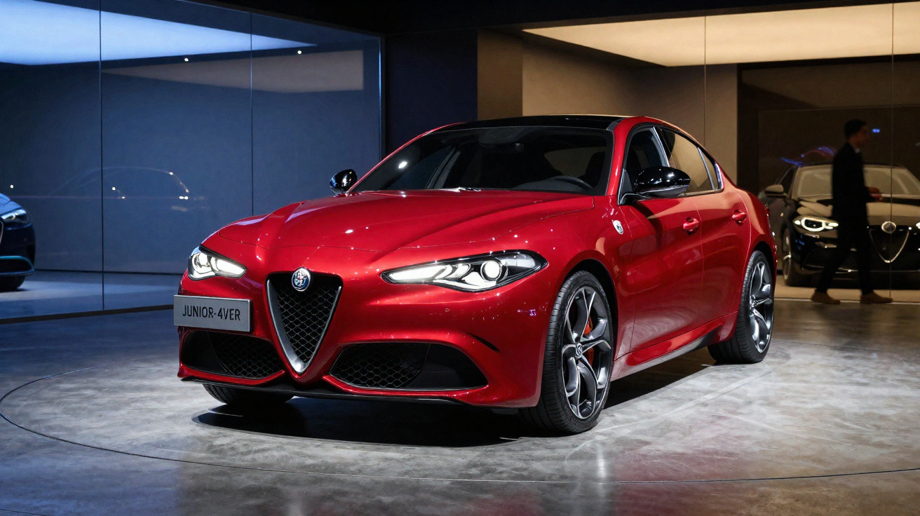 Carro desportivo Alfa Romeo vermelho exposto em salão moderno com iluminação ambiente.