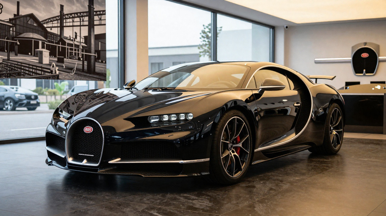 Carro desportivo Bugatti Chiron preto em exposição numa sala moderna, com janelas grandes e imagem vintage na parede.