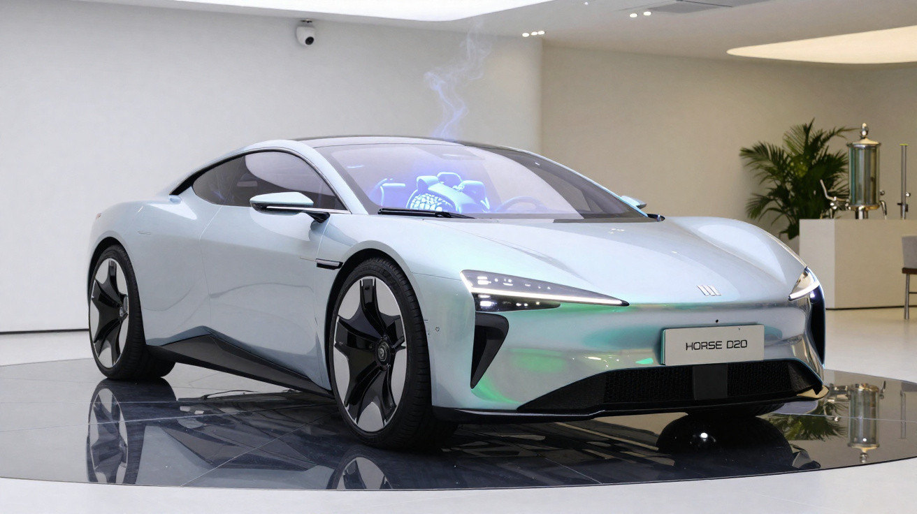 Carro desportivo elétrico prateado moderno em exposição num espaço minimalista interior.