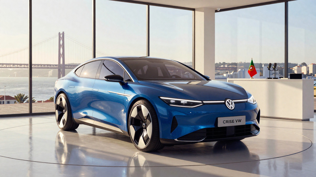 Carro elétrico azul Volkswagen Crise VW exposto em showroom com vista para a ponte 25 de Abril em Lisboa.