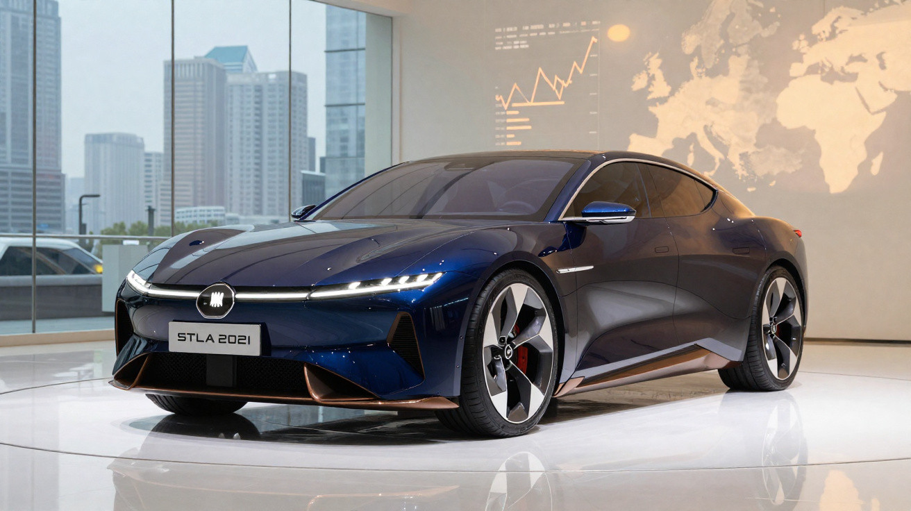 Carro elétrico desportivo azul escuro num espaço interior moderno com janelas grandes e mapa mundial na parede.