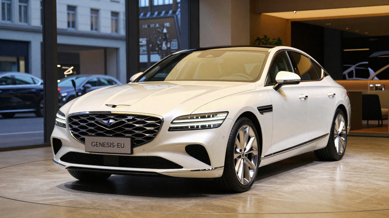 Carro branco de luxo Genesis EU estacionado em showroom moderno e iluminado.