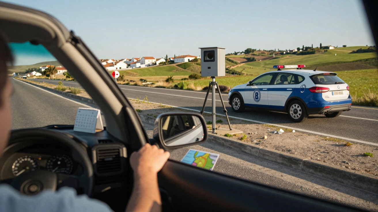 Interior de um carro parado junto a uma estrada com controlo de velocidade e viatura de polícia ao lado.