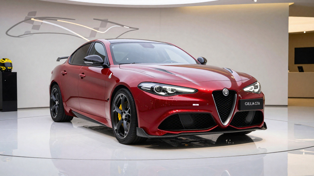 Automóvel desportivo Alfa Romeo Giulia GTA vermelho exposto numa sala moderna com iluminação suave.