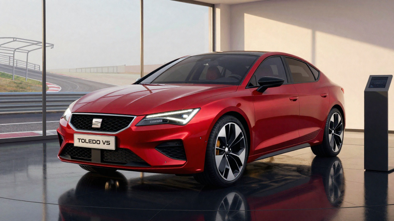 Carro desportivo SEAT Toledo V5 vermelho em exposição numa sala com janelas amplas e chão refletor.